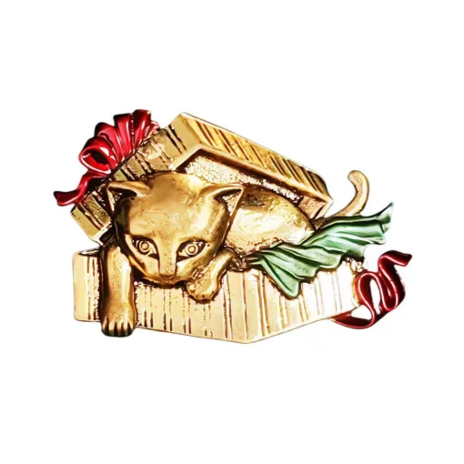 Vintage Gold Antique Gift Box Cat Brooch