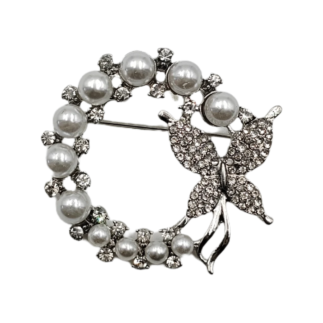 Silver Pearl Butterfly Brooch