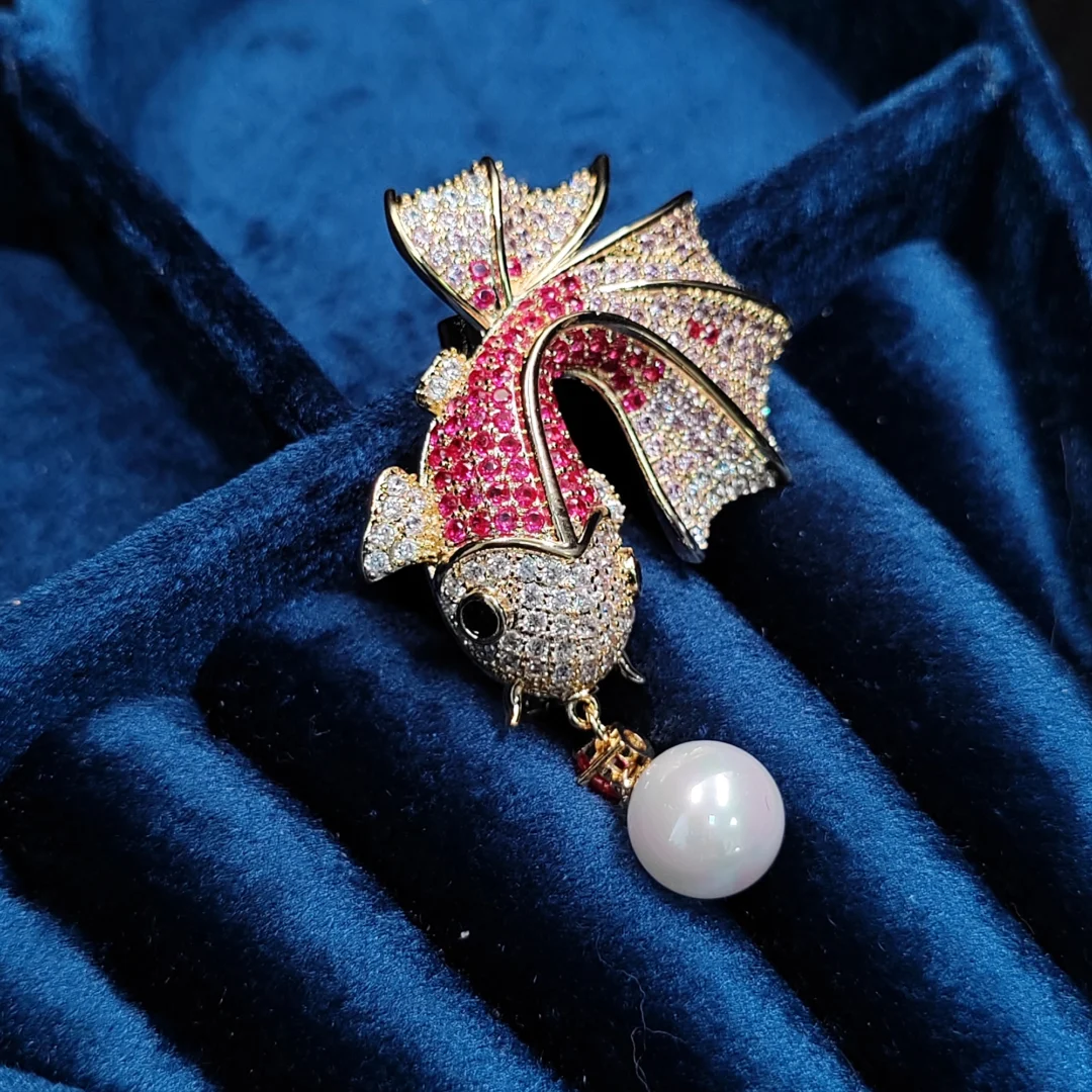Gold-Pink "Carp Leaping Through Dragon Gate" Brooch - Image 2
