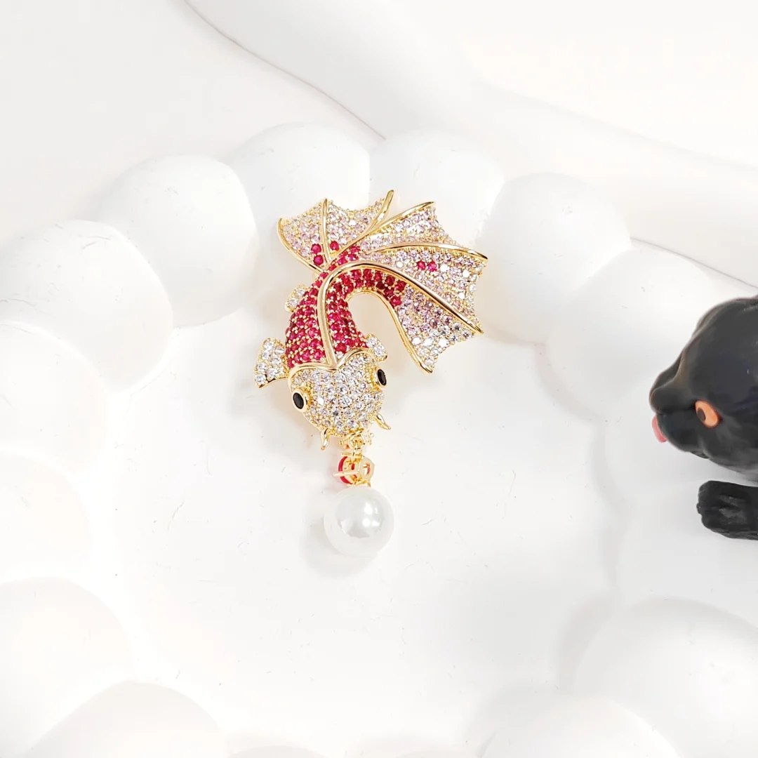 Gold-Pink "Carp Leaping Through Dragon Gate" Brooch - Image 3