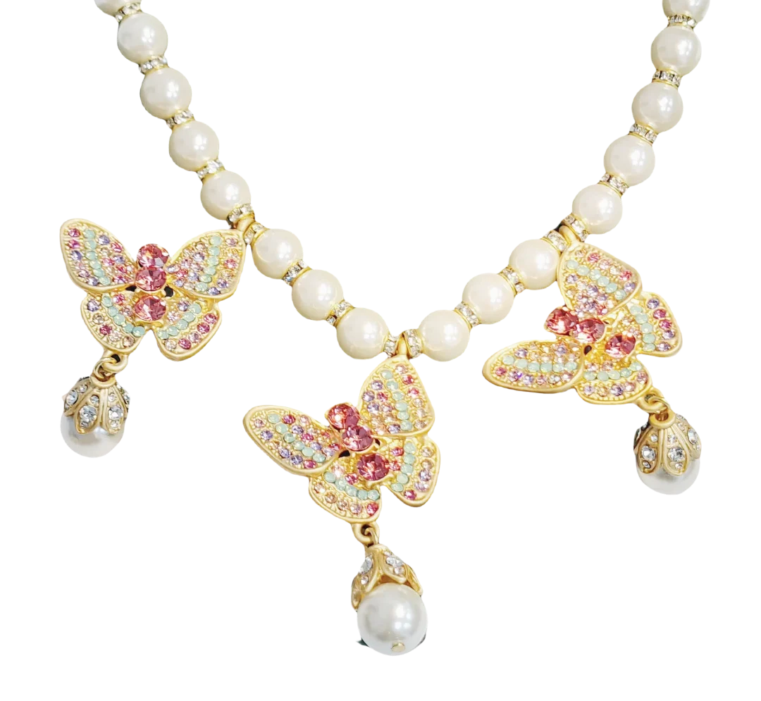 Vintage Copper-Plated Pink Butterfly Jewelry Set - Necklace