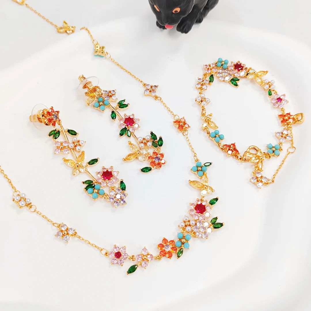 Colored Gemstone Flower Jewelry Set - Necklace - Image 2