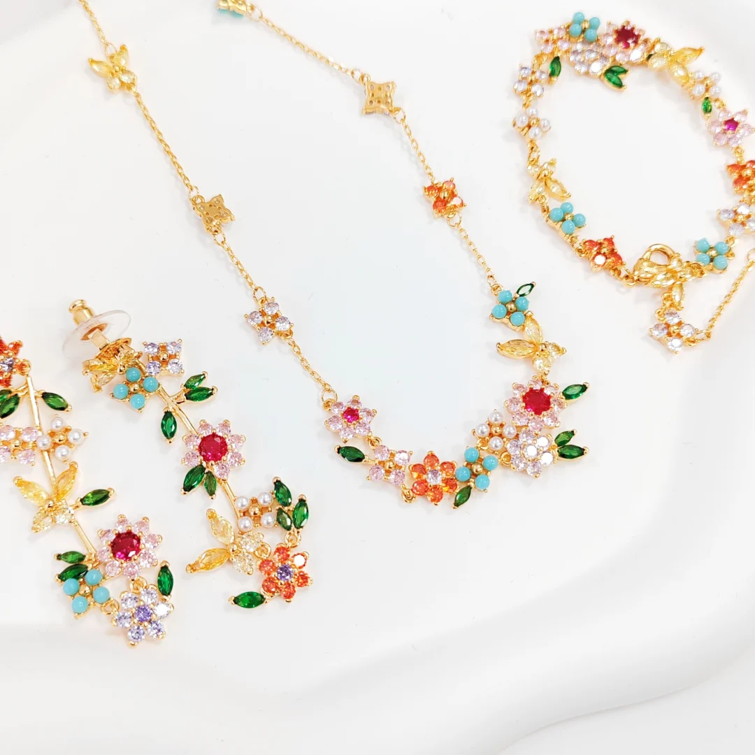 Colored Gemstone Flower Jewelry Set - Necklace - Image 3