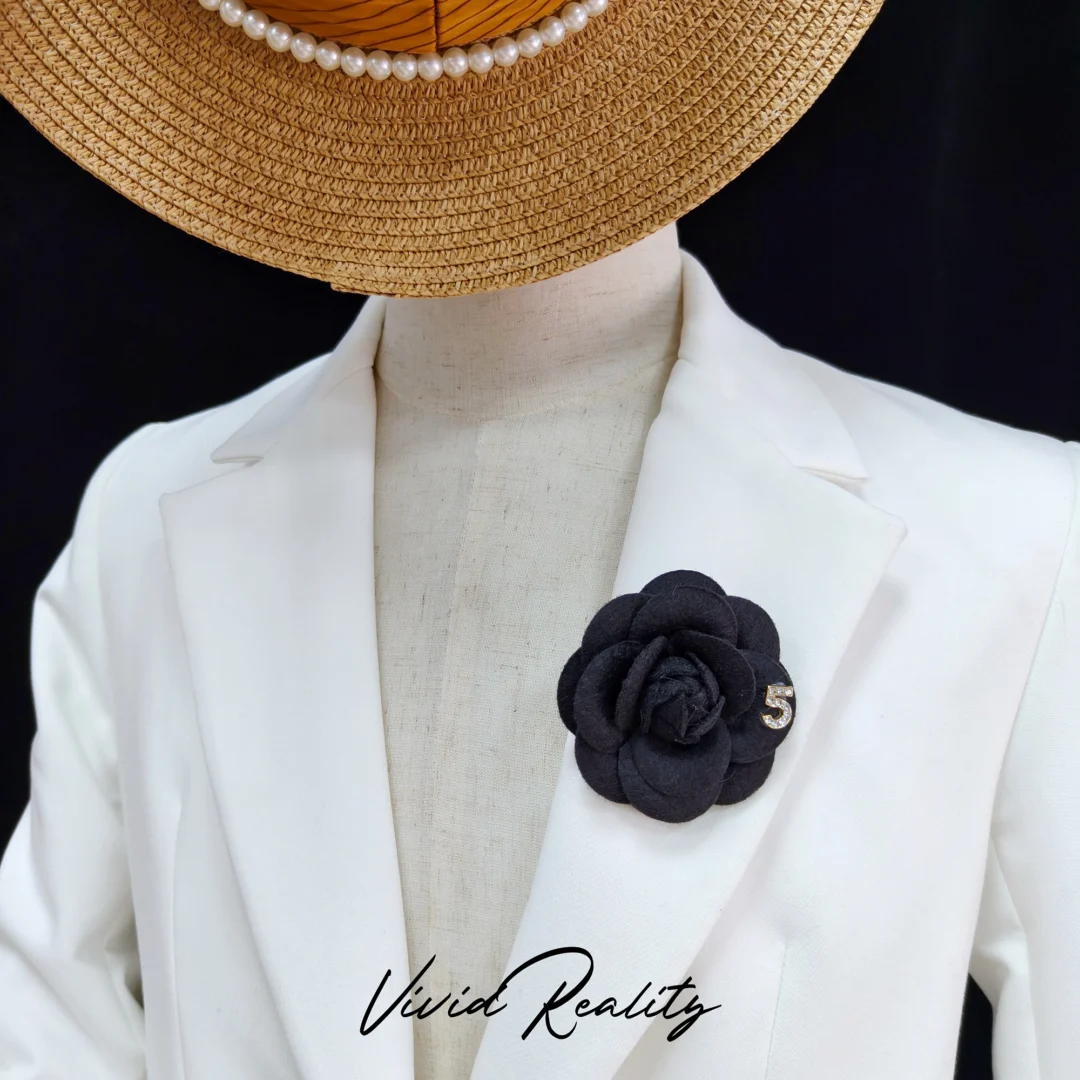 Black Fabric Camellia Design Brooch - Image 2