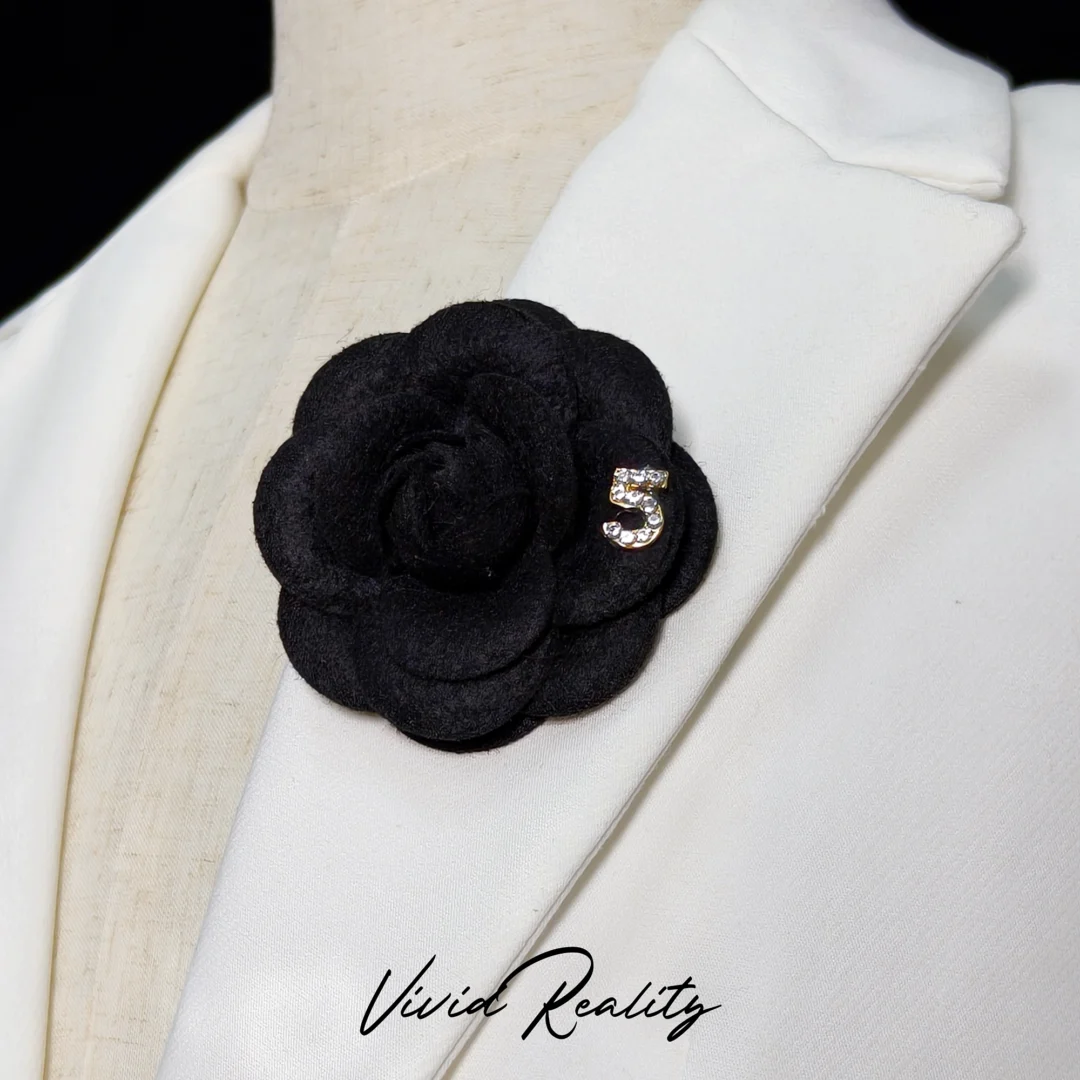 Black Fabric Camellia Design Brooch - Image 3