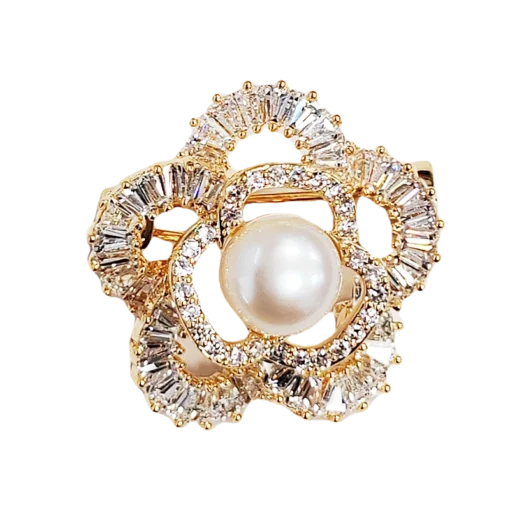 Hollow Inlaid Zirconia Flower Pearl Brooch