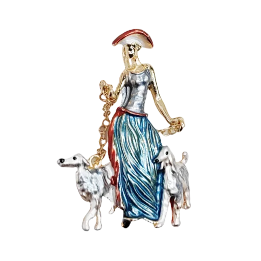 Blue Dog-Walking Modern Lady Brooch