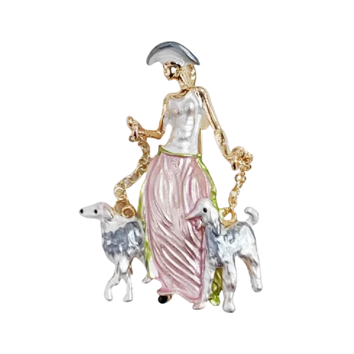 Pink Dog-Walking Modern Lady Brooch
